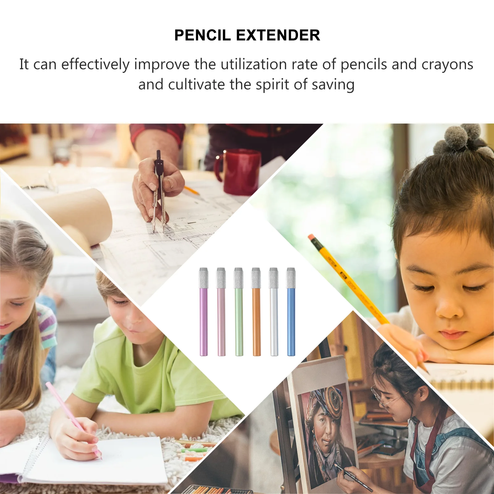 

6Pcs Sturdy Pencil Extender Metal Pencil Lengthener Holder for Artists Writers Portable Compact School Office Art Writing Aid