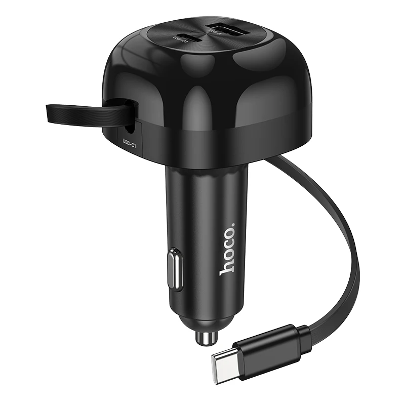 HOCO PD30W Dual USBC Fast Charging Car Charger For iPhone 15/16 Pro Max With Retractable Cable PD QC Adapter For Samsung S23 S24