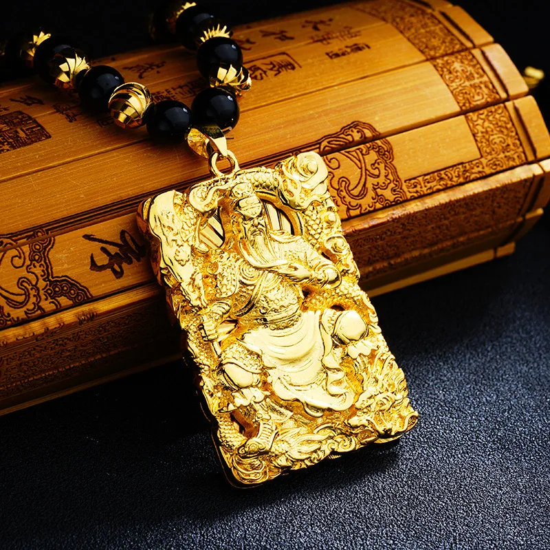 

Imitation 24K Real Gold Men's Domineering Alluvial Gold Necklace Copper Plating Gold Faucet Guan Gong Pendant Guanyin Jewelry