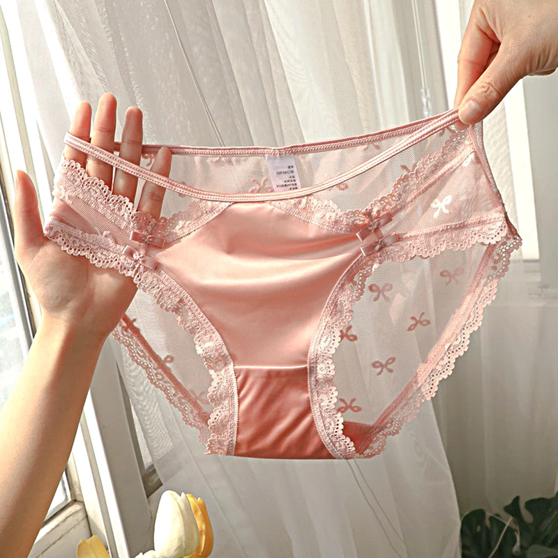 

1PC Sexy Satin Lace Edge Girls Underwear Bow Style Pure Desire Low Waist Briefs Breathable Translucent Female Lingerie Panty