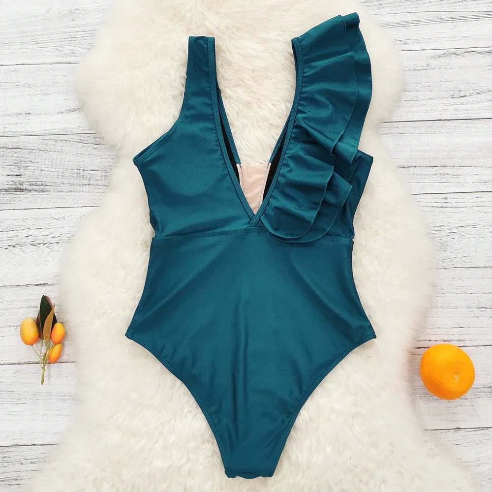 2023 New Solid Color High Waist Bikini One-piece Swimsuit Women's Triangle Sexy Backless Ruffled Brazilian Swimwear