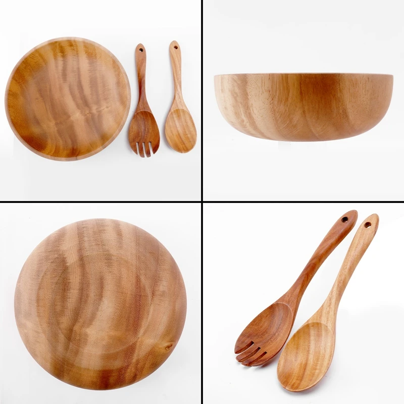 Wooden Salad Bowl-Large 9.4 Inch Acacia Wood Salad Wooden Bowl With Spoon, Can Be Used For Fruit, Salad