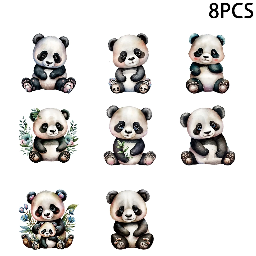 8 pezzi adesivi per tazze DTF UV Panda carino acquerello, confezione di adesivi impermeabili per decorare tazze, tazze, forniture artistiche fai da