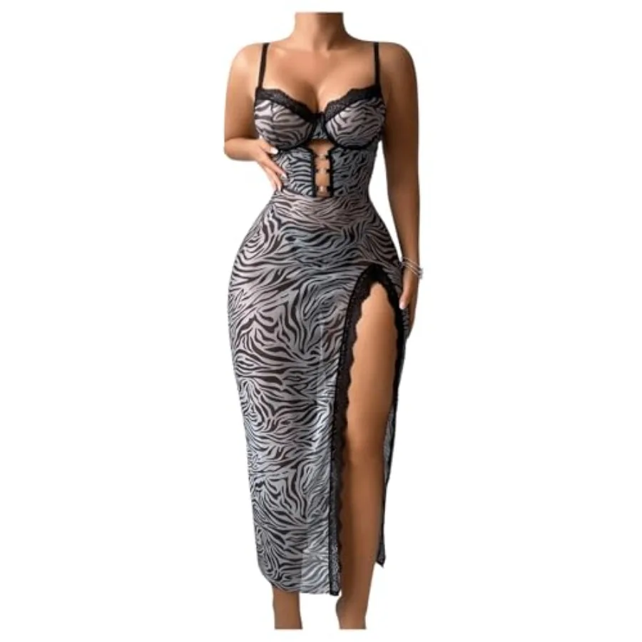 

SOLY HUX Women's Lace Zebra Print Mesh Lingerie Set Split Babydoll Chemise Nightgown Sleepwear