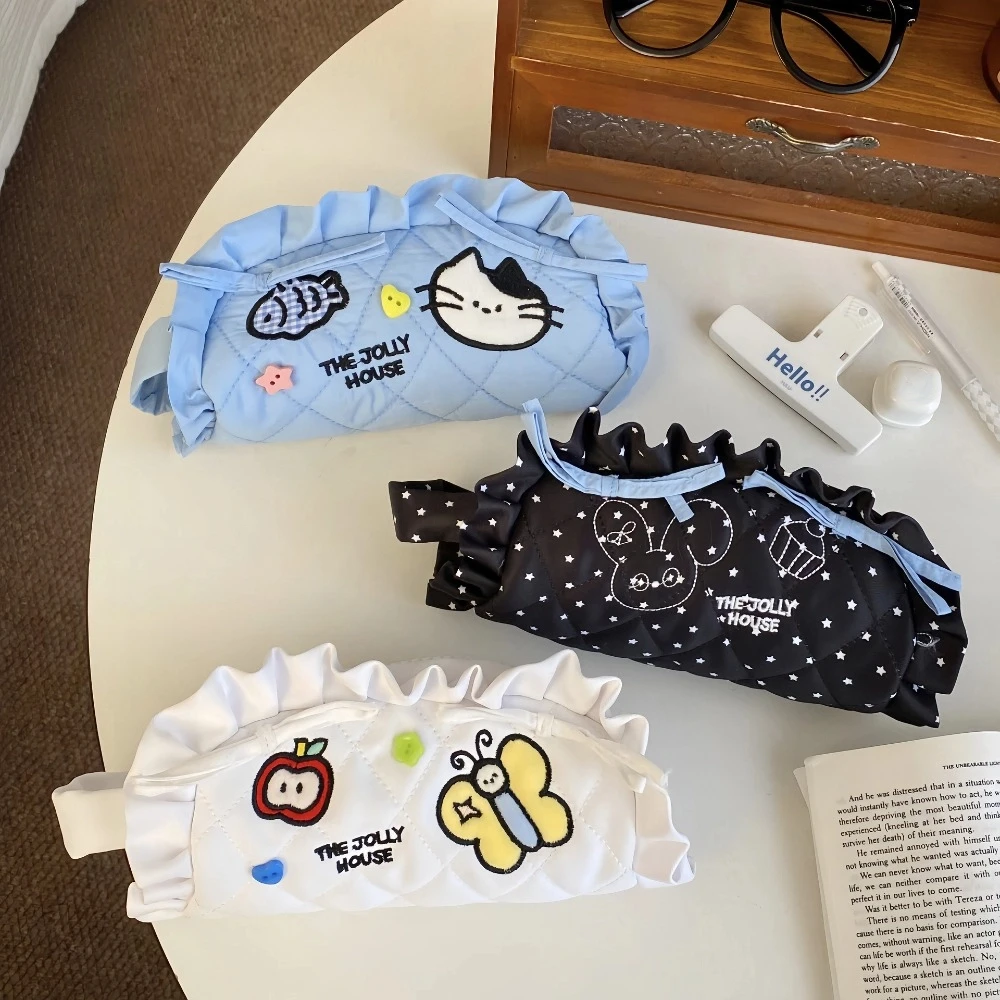 Creative Large Capacity Cartoon Pencil Case Cosmetics Storage Cloth Ruffled Korean Pencil Bag Zipper Portable Makeup Bag Student