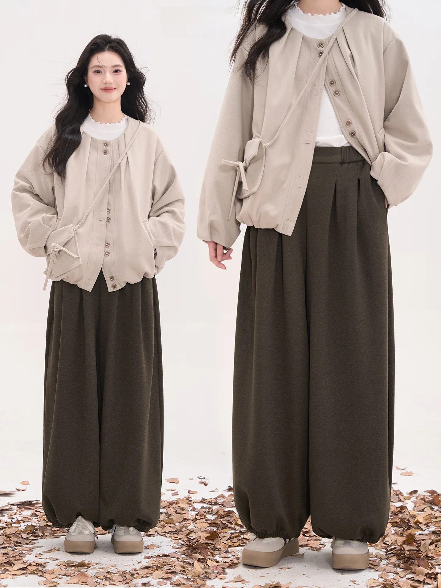 

Утепленные женские повседневные брюки с широкими штанинами на флисовой подкладке, зимние, с высокой талией, из полиэстеровой смеси, эластичные, плиссированные, шерстяные