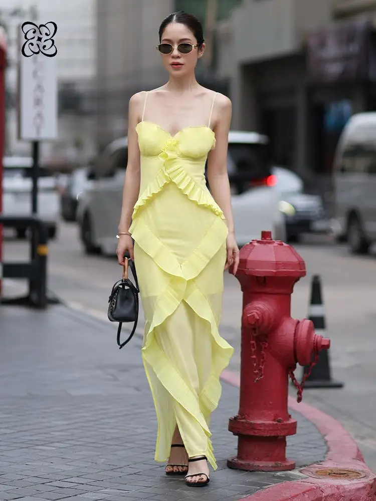 

2026 Lemon Yellow Spaghetti Strap Ruffle Midi Dress Sweetheart Ruched Sheer Mesh Asymmetrical Maxi Dress for Summer Vacation