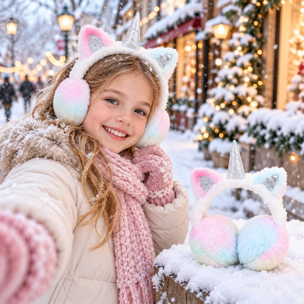 Girls Kids Unicorn Cat Ear Earmuffs Plush Headband Pastel Pink Blue Color Block Ear Muffs Glitter Horn Winter Outdoor Accessory