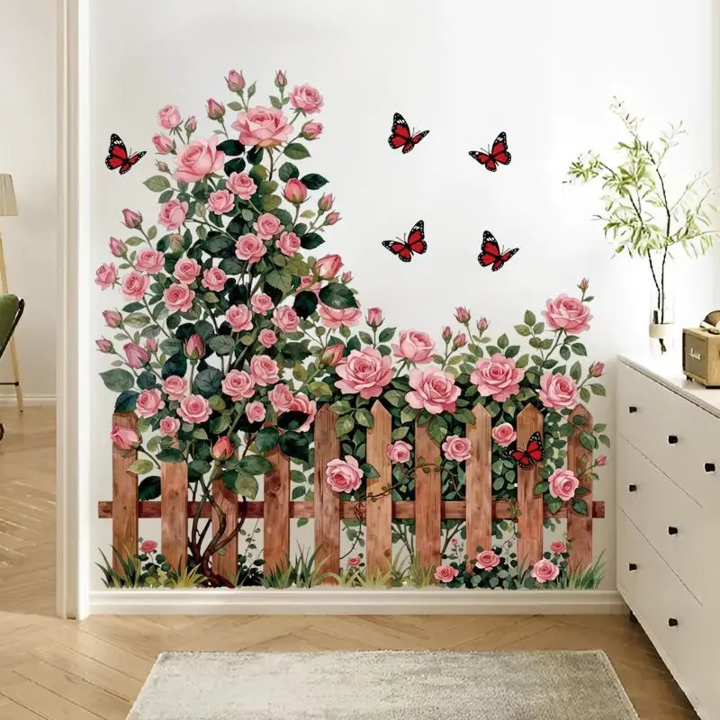 Waterproof Rose Vine Wall Decals Eco-Friendly Non-Toxic Self-Adhesive Floral Stickers for Nursery Garden Birthday Party
