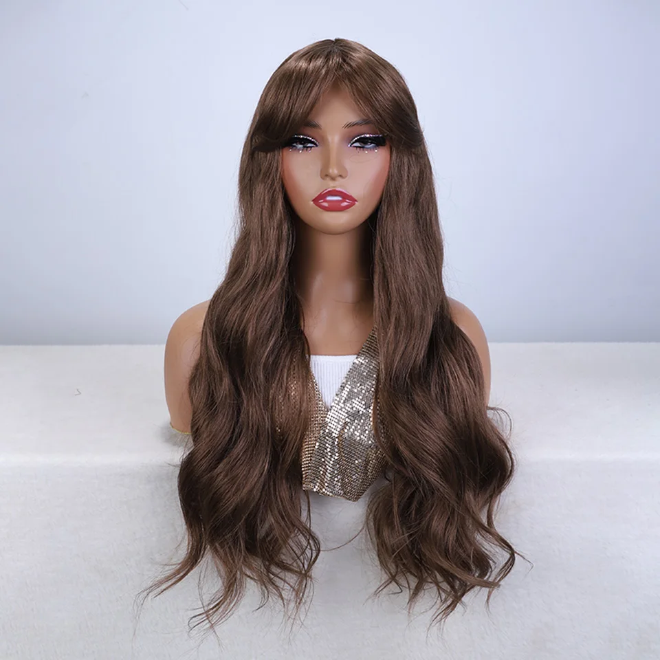 Magic Cosplay Ombre Brown Wig 26 Inch Long Wave Synthetic Wigs With Bangs Wig For Women High Temperature Natural Fake Hair Wig