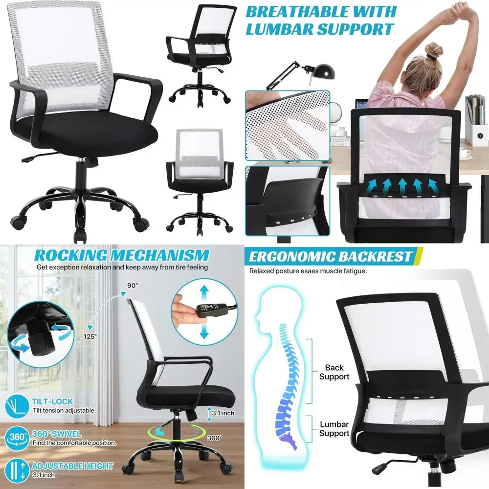 

Mesh Ergonomic Office Chair with Adjustable Height and Swivel Wheels for Home or Gaming, White