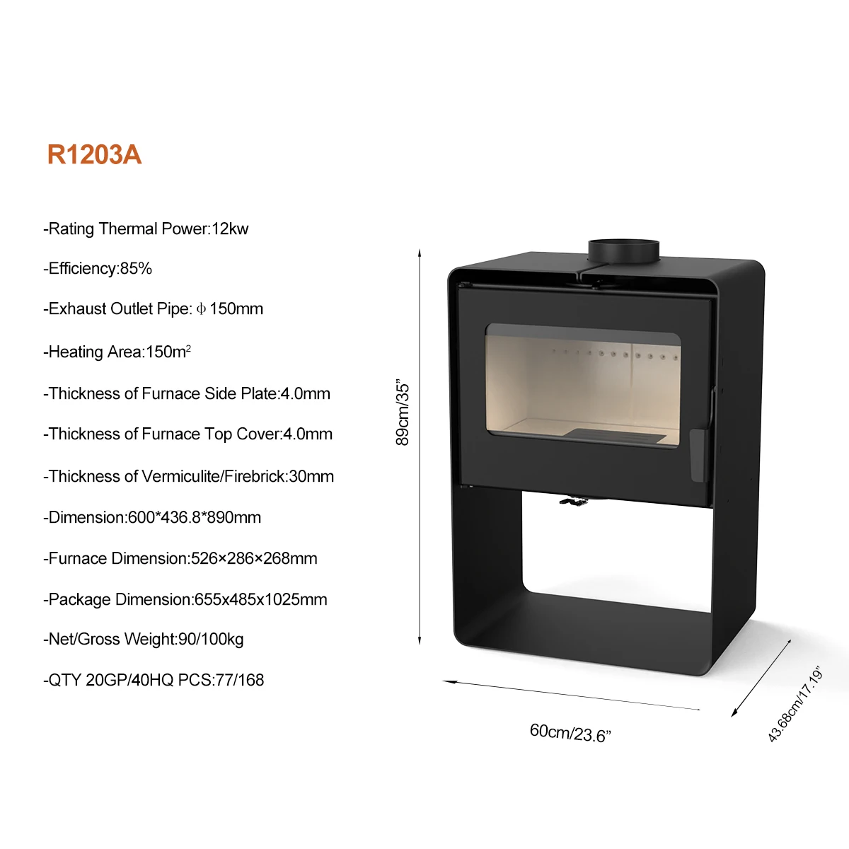 12KW R1203A Freestanding Modern Wood Burning Stove Indoor Heating Black Steel Durable Customable Wood Fireplace