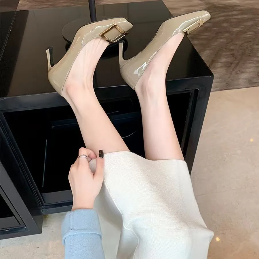 جديد عارية اللون رقيقة عالية الكعب تنوعا موضة الفم الضحلة ساحة تو المعادن حفلة مربع زر المرأة حذا فردي للسيدات بواسطة التدفق #5