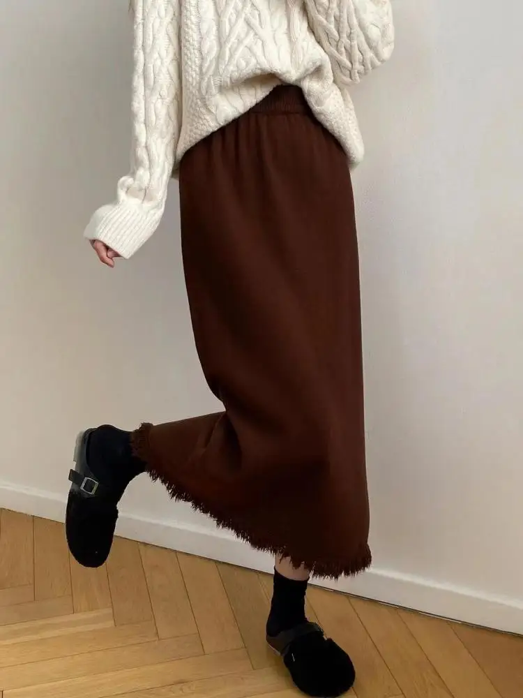 Herfst Winter Effen Kwastje Veelzijdige Gebreide Halve Rok Franse Retro Vrouwen Elegante Hoge Taille Vakantie A-lijn Lange Rok Populair