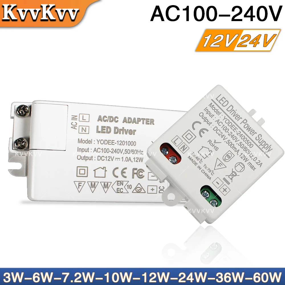 220V LED Driver 3W 6W 7.2W 10W 12W 24W 36W 60W DC 12V 24V Power Supply Transformer for LED DIY Strip Lighting Fixture Adapter
