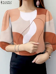 ZANZEA 2025 Summer O-neck Smock Tops Casual Color-Blocked Pattern Women's Blusas Mujer Commuting Elegant 3/4 Puff Sleeve Blouses
