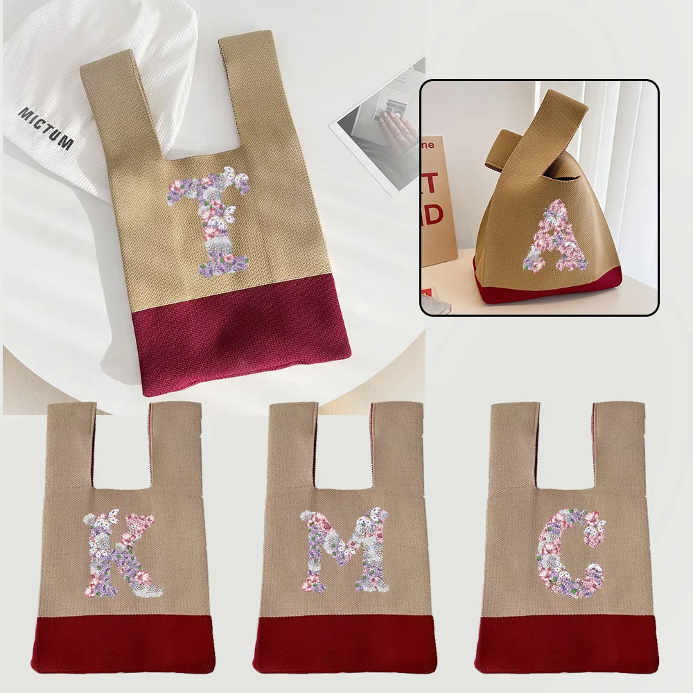 

Wrist Tote Bags Knitted Bag Crochet Woven Knot Handbag Coin Pouch Portable Purse Organizer Wallet Rose Flower Printed Series