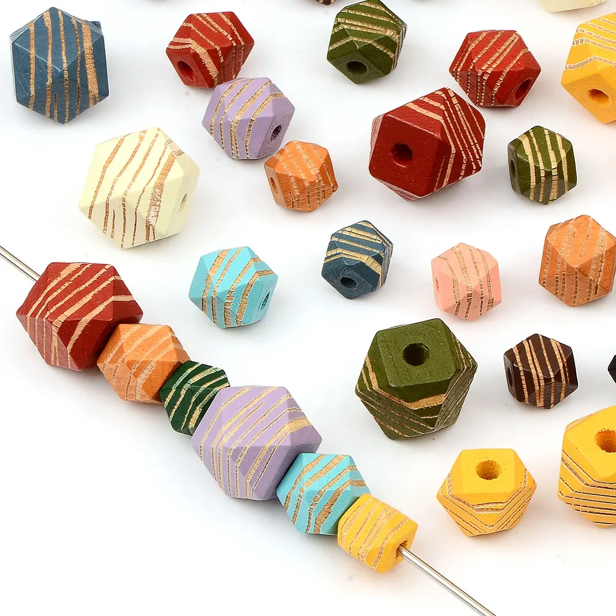 20pcs 1cm/1.2cm/1.6cm Octagonal Grain Pattern Wood Beads Decor DIY Bracelet Jewelry Making Handmade Accessories