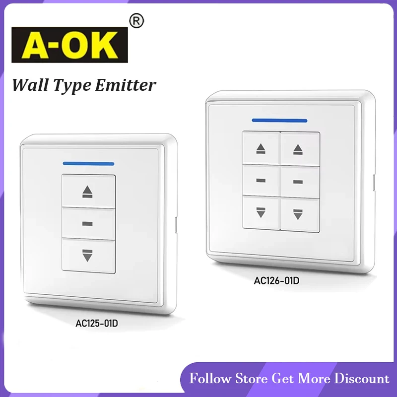 A-OK AC125-01/AC126-01 Single/Dual Sticker Wall Switch,RF433 Wireless Wall Controller for A-OK RF433 Curtain Motor/Tubular Motor