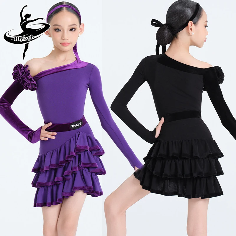 

Детский комплект для латиноамериканских танцев осень-зима в стиле Даунтон Аббей, фиолетовый, с открытыми плечами, для девочек