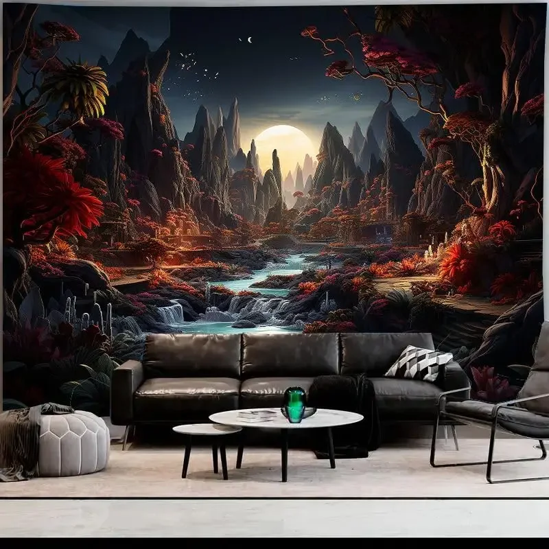 Moon Night Forest Wall Tapestry,Enchanted Wonderland Glow in the Dark Trees Mountain River Nature Landscape Decor Tapestries