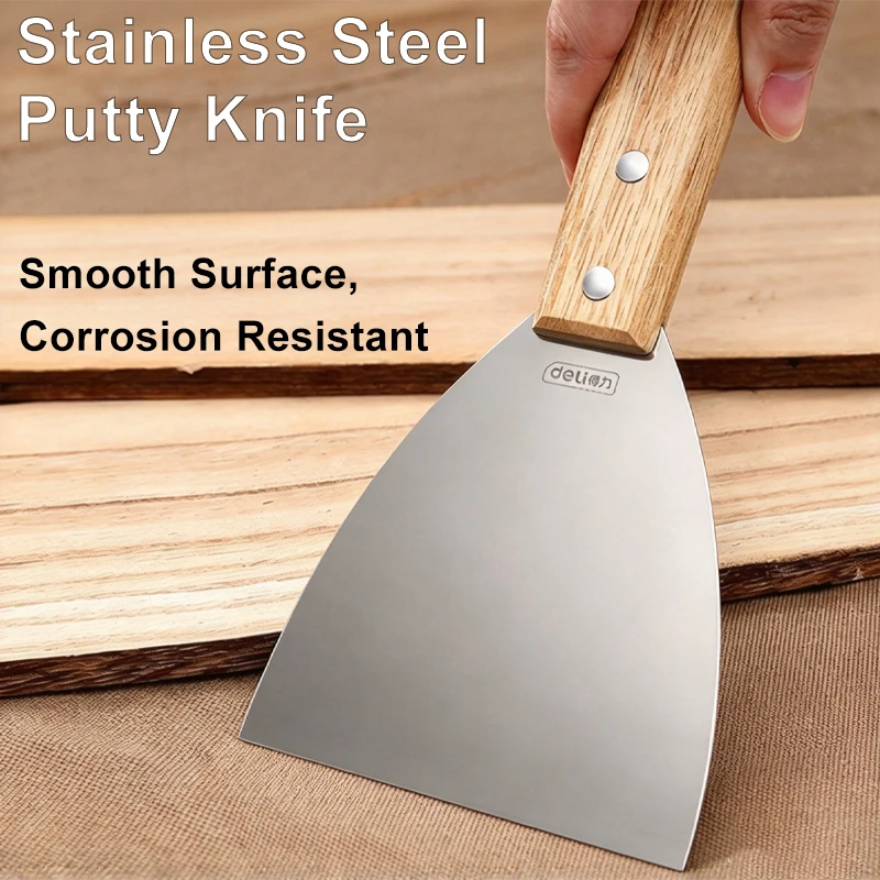Heavy Duty Putty Scraper Stainless Steel Wood Handle 1-5 Inch Professional Oil Grease Knife For Wall Repair Cleaning Residue