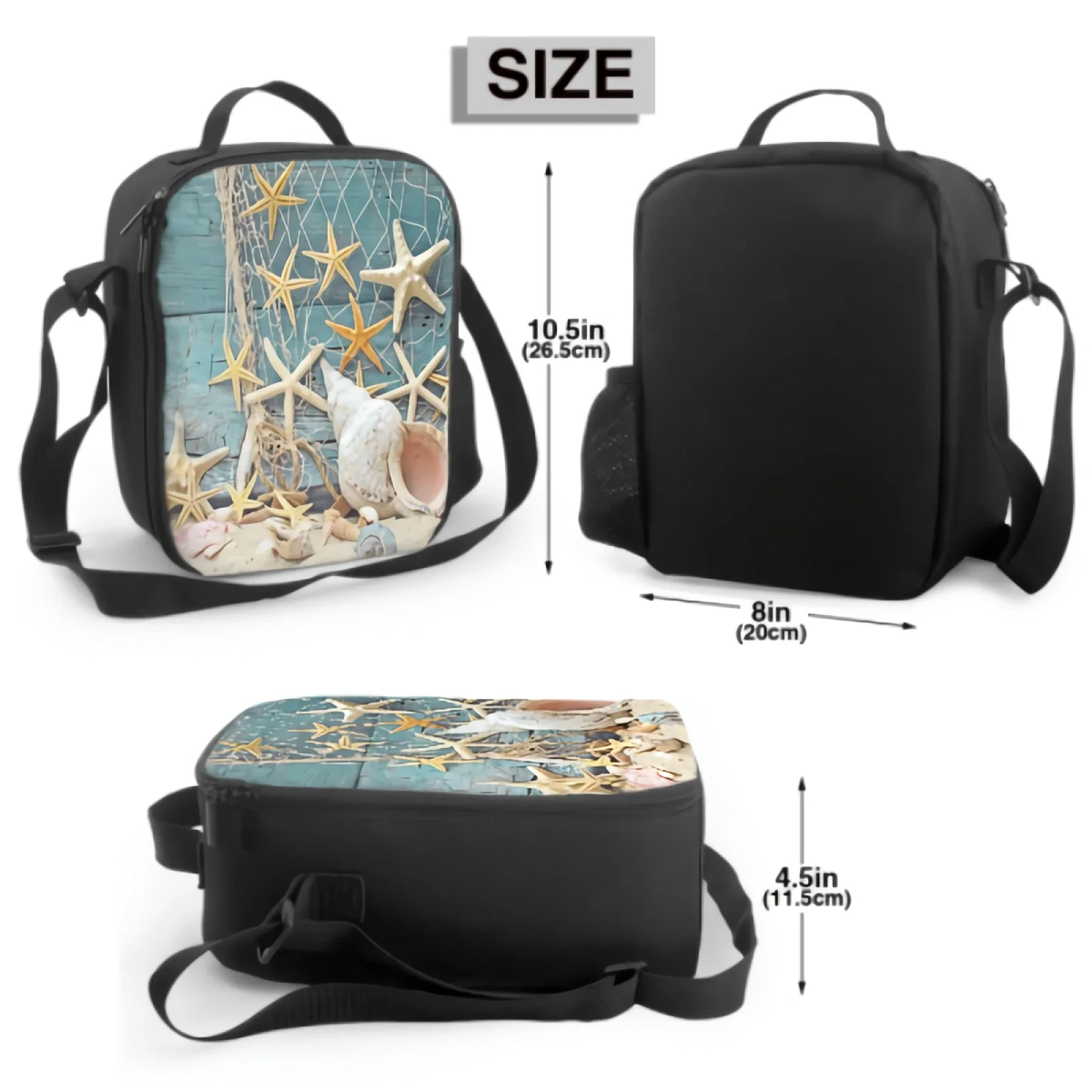 Starfish Seashell Beach Insulated Lunch Box for Kids Leakproof Portable Lunch Bag with Adjustable Shoulder Strap Cooler Tote Bag