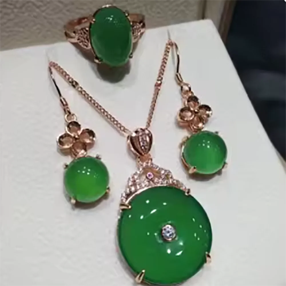 

green chalcedony agate jade Water drop earring pendant ring set rhinestone Zircon crystal gem Jewellery