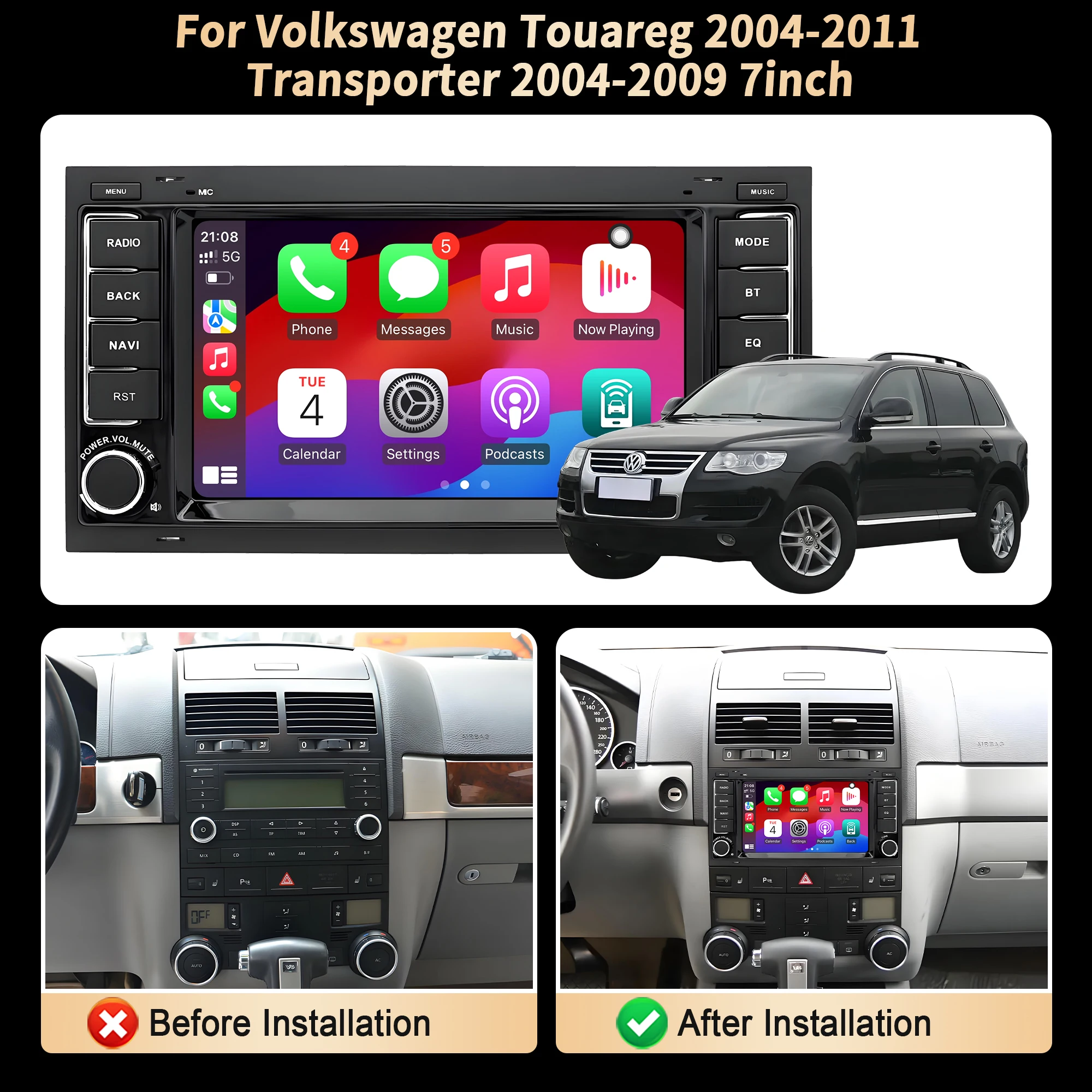 7 inch Car Radio For Volkswagen Touareg 2004-2011 Transporter 2004-2007 2008 2009 Wireless Bluetooth CarPlay Head Unit Screen