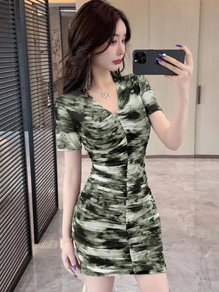 ผู้หญิงสีฟ้าพิมพ์ตาข่ายแขนสั้นVคอชุดฤดูร้อนBodycon Hip Wrapชุดเซ็กซี่ 2025 เกาหลีElegant Casual Mini Dress