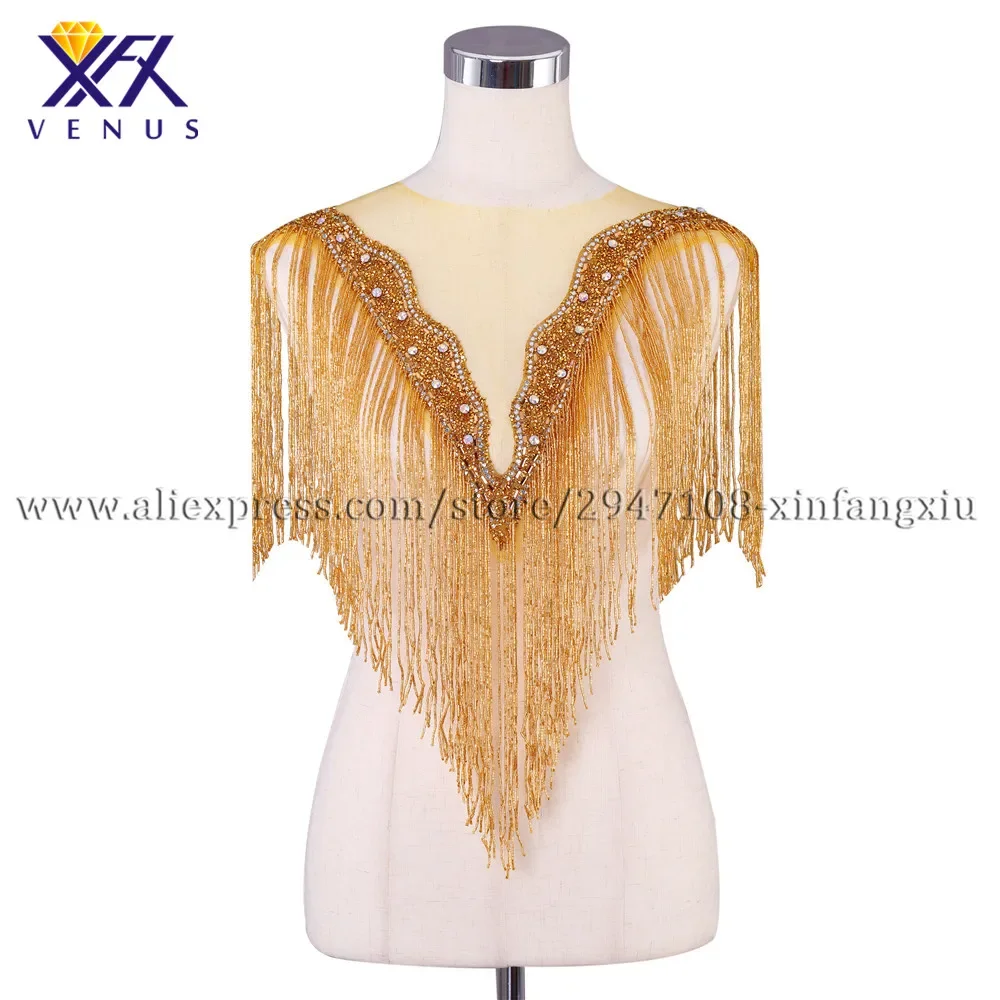 

XFX VENUS Hot Sale Gold Wedding Embroidered Crystal Beaded Tassels Style Deep V-neck Collar with Fashion Beaded Applique 1pc