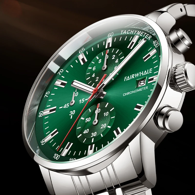 Luxury Men's Army Green Dial Watch High-Quality Steel Waterproof Chronograph Quartz Wristwatch