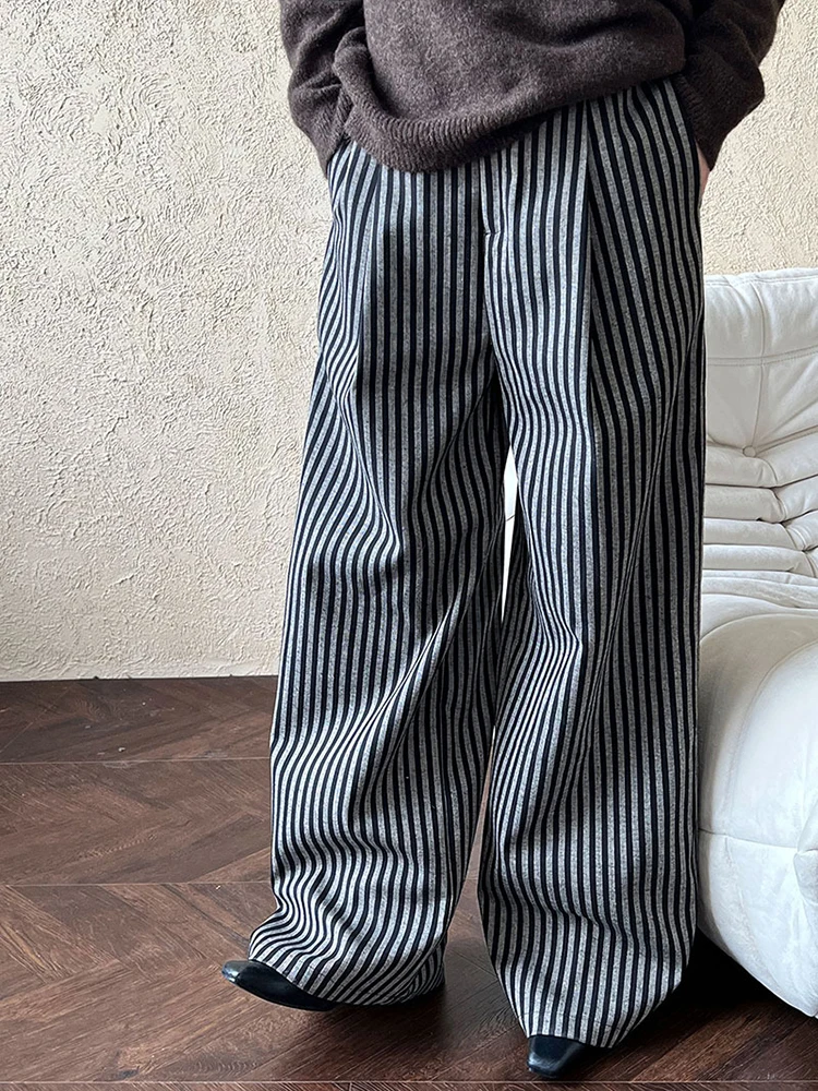 [EAM] High Waist Black Striped Brief Long Wide Leg Casual Pants New Trousers Women Fashion Tide Spring Autumn 2024 1DH7707