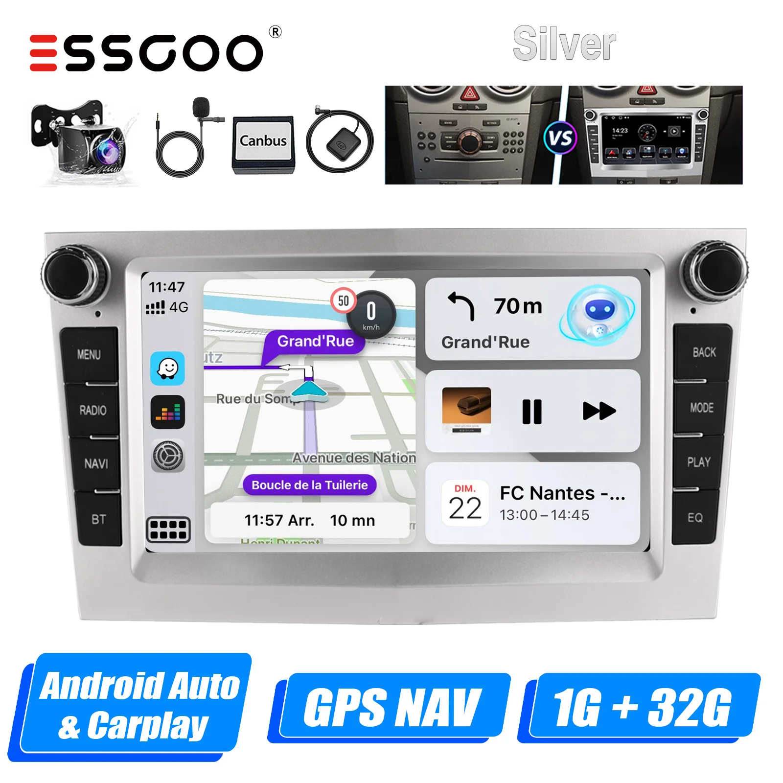 ESSGOO Android 14 4 + 64G CarPlay autoradio voor Opel/Vauxhall Astra G H Corsa C D Vectra Android Auto GPS NAV DAB + Zilver
