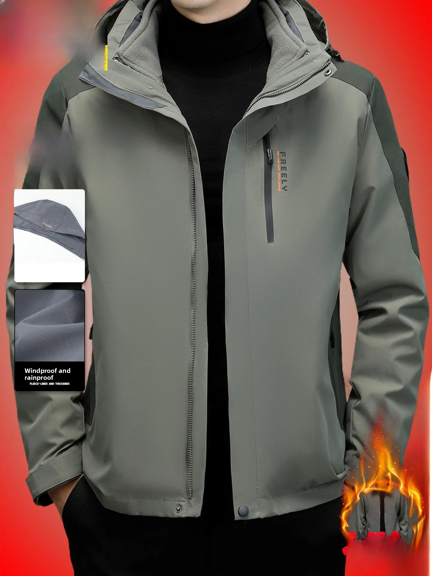 

Men's Tee-in-One Detachable Fce Lined Thiened Outdoor Windproof Hooded Jaet Woodpeer Windbreaker Winter Coat