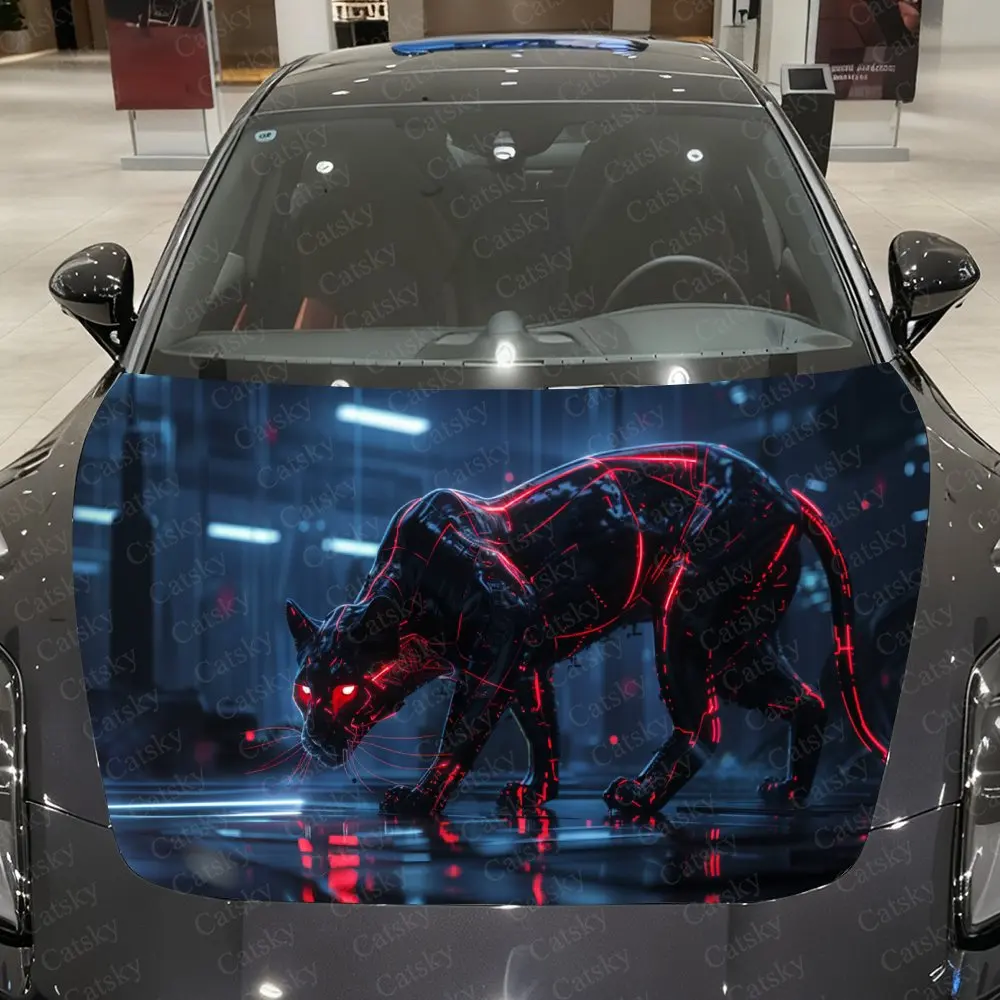 

Cyber Red Glow Panther Car Vinyl Wrap, PVC Material Waterproof Car Hood Sticker, Self-Adhesive Scratch-Resistant Stickers for En