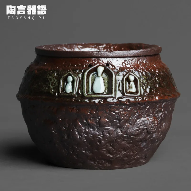 Wood burning fire marks relief Dunhuang ancient rhyme small tea bucket handmade retro pottery Zen tea table tea slag bucket