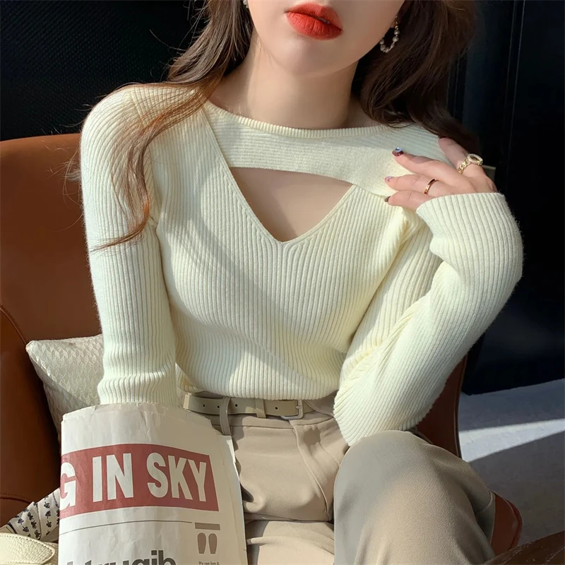 2023 New Women Sweater Long Sleeve Jumper Knitted Bottoming Solid Pullovers Stripe Casual Basic Soft Sweater Winter Clothes Pull