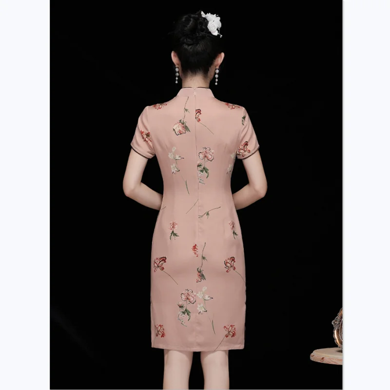 Vintage Dress Women Fashion Chinese Style Young Girl High Quality Silk Stand Collar Short Sleeve Elegant Slim Improved Cheongsam