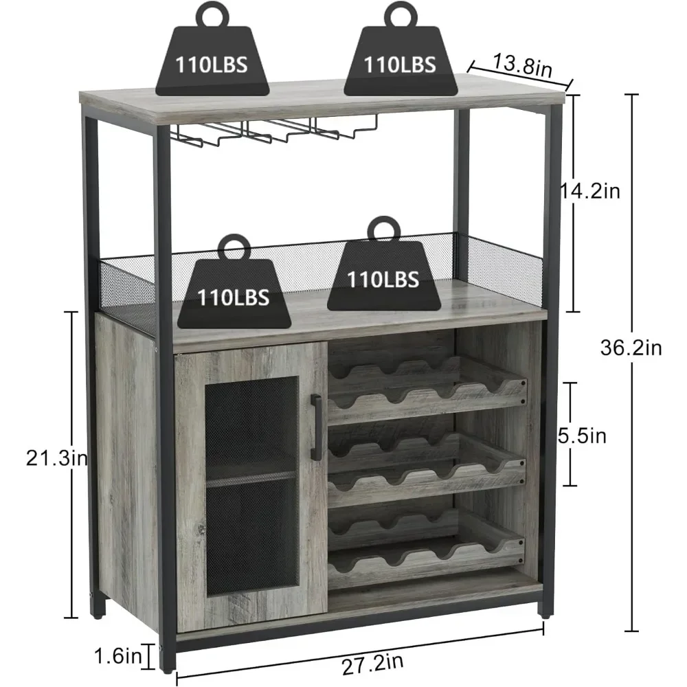 3-Tier Wine Bar Cabinet with Detachable Wine Rack and Storage Space, Buffet Cabinet with Glass Holder and Mesh Door