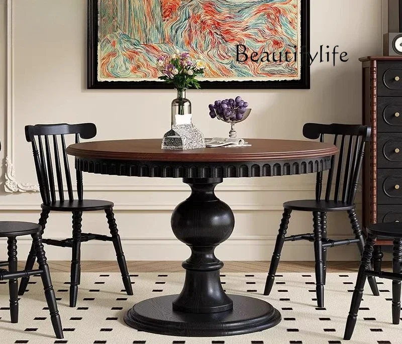X American Light Luxury Solid Wood Dining Table And Chairs Villa Living Room Antique Carving Combination French Retro Round