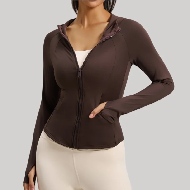Women's Long Sleeve Zipper Sports Jacket Slim Fit Yoga Fitness Gym Workout Coat with Pockets Casual Hooded Sportswear for Women