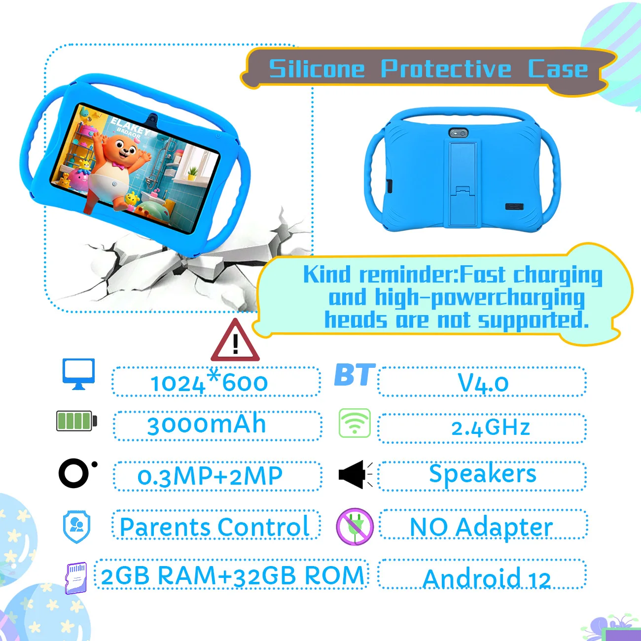 Tablet per bambini 7 '' Tablet Android 32GB Bambino con custodia WiFi Bluetooth Doppia fotocamera Giocattoli educativi per l'apprendimento Regali per bambini