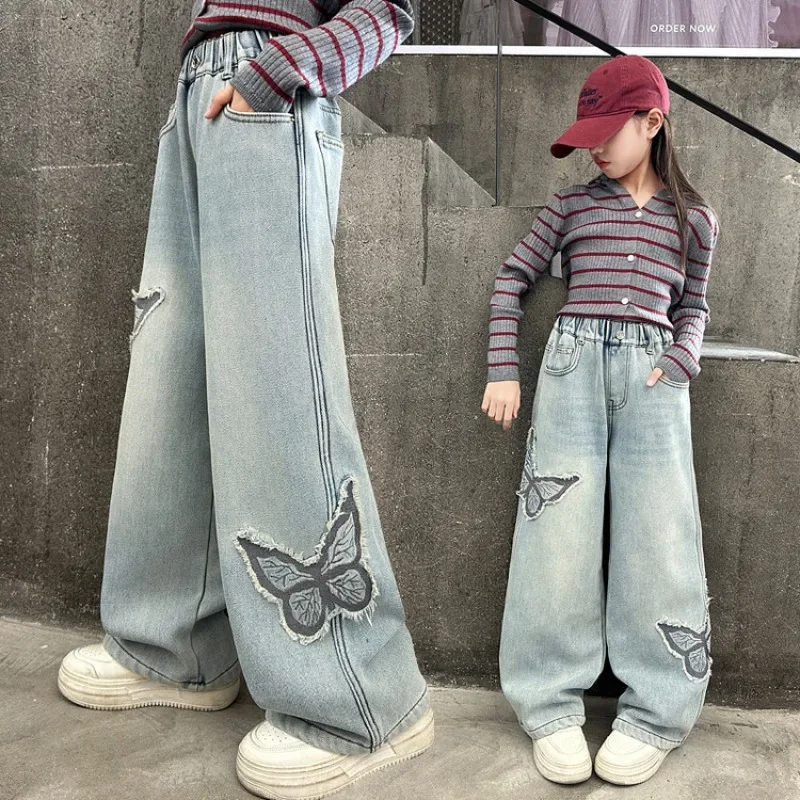 

Girls Loose Wide-leg Jeans Trousers Kids Fashion Butterfly Patch Straight Denim Pants Spring Autumn Casual Clothing 5-12 Years
