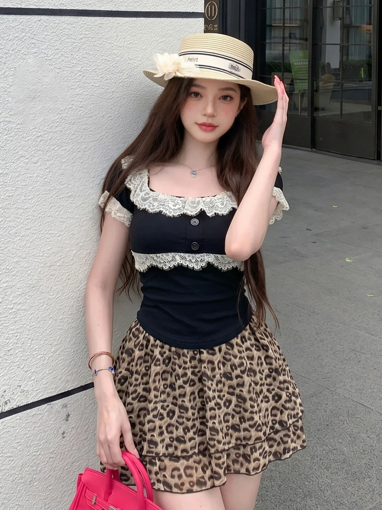 

Slimming A-Line Skirt Set with Lace Trim Square Neck Short Sleeve Women's Summer New Design Leopard Print Retro Sexy Girl