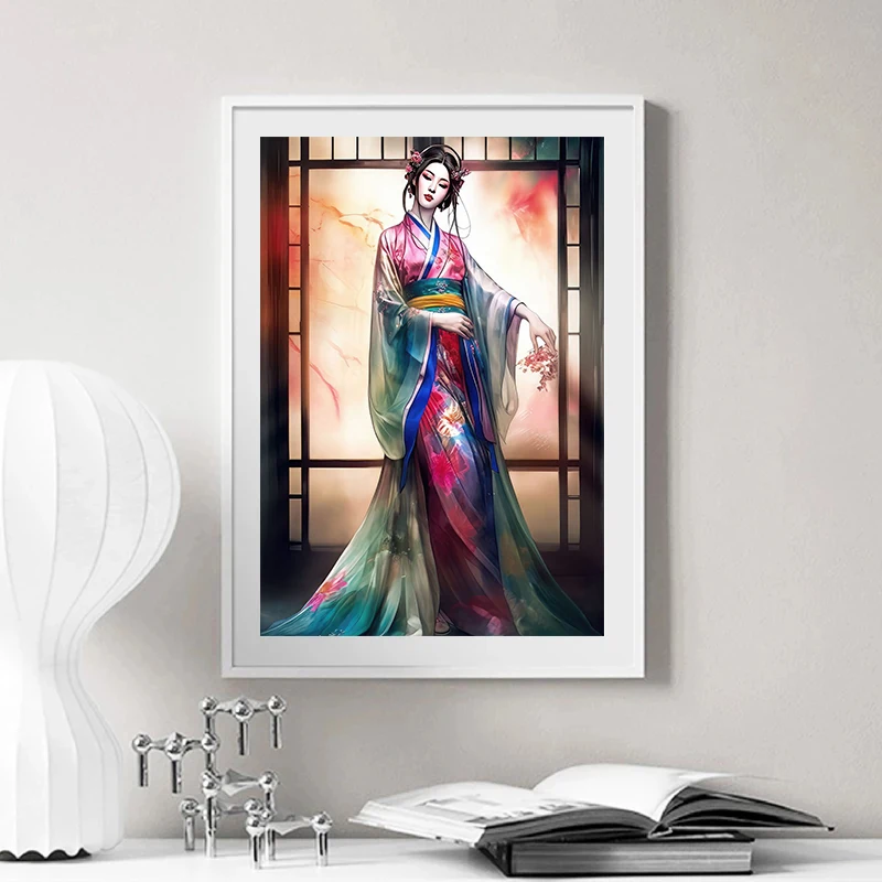 Ancient China Elegance Hanfu Girls Colorful Silk Poster Canvas Painting Prints Wall Art Pictures for Living Room Home Decor