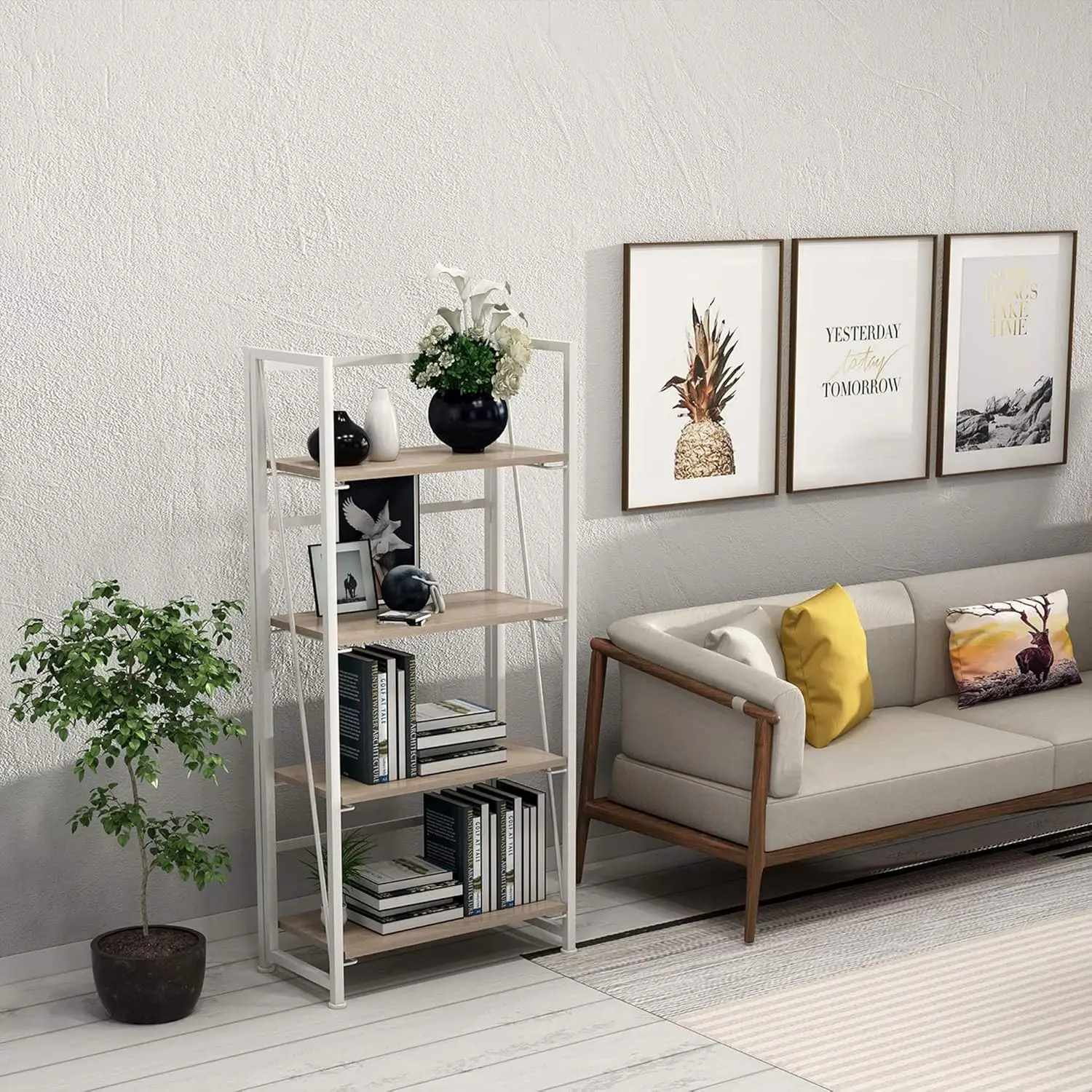 No-Assembly Folding Bookshelf Storage Shelves 4 Tiers Vintage Multifunctional Plant Flower Stand Storage Rack Shelves Bookcase