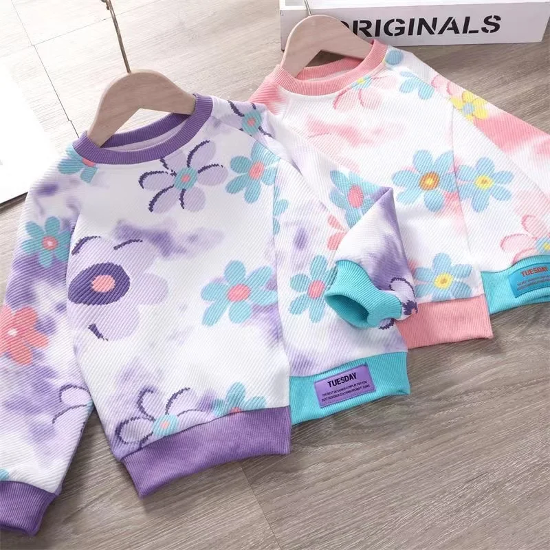 

Girls' Spring and Autumn Sweater 2024 New Style Children's Casual Loose Round Neck Gradient Flower Sweater Kids Clothing