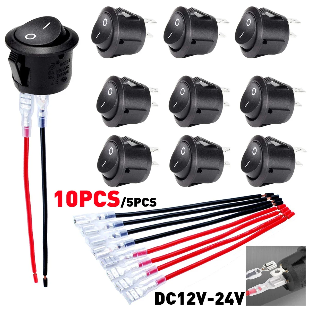 10/5Pcs SPST Snap-in Switch ON Off 2 Pin Round Rocker Boat Switch AC 3A 250V 6A 125V for Car Auto Boat Household Appliances