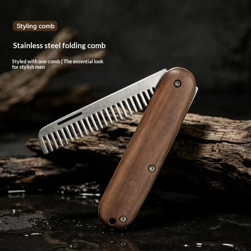Folding Beard Comb for Men Solid Wood & Metal No-Snag Smooth Mustache Hair Comb for Home Travel Daily Grooming
